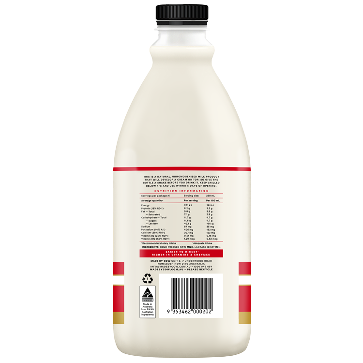 Made By Cow - Cold Pressed Raw Milk - Lactose Free Milk 1.5L