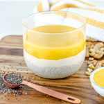 a mango chia pudding with chia seeds and cashews